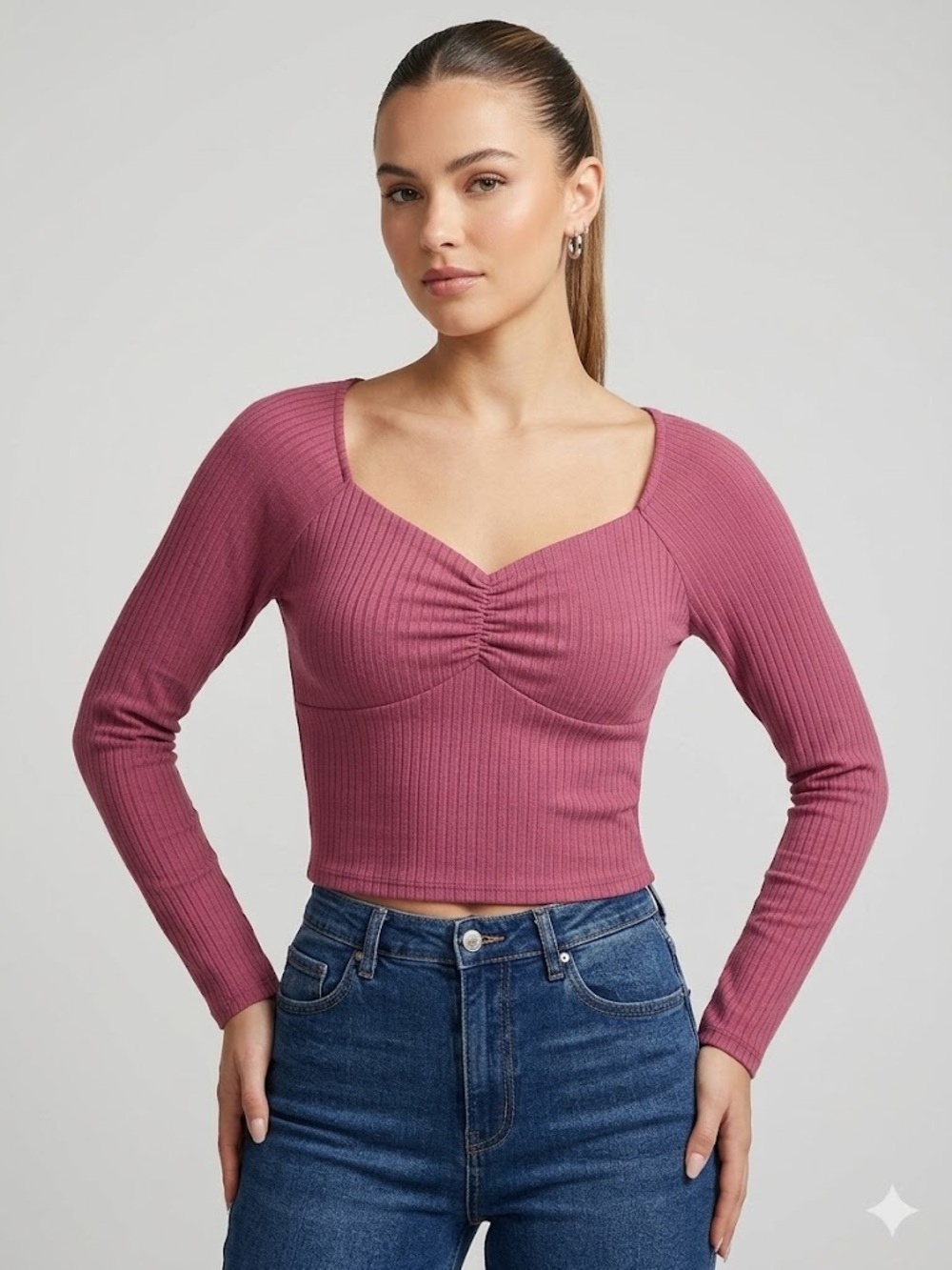 No Boundaries Ribbed Sweetheart Long Sleeve Top – Pink – XXL (20)